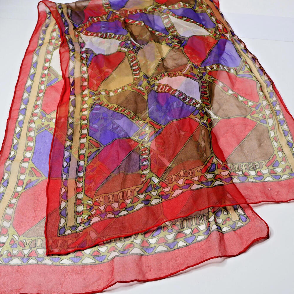 Vintage Chiffon Silk Red Purple Boho Retro Rectangle Sheer Scarf Whimsical Vtg
